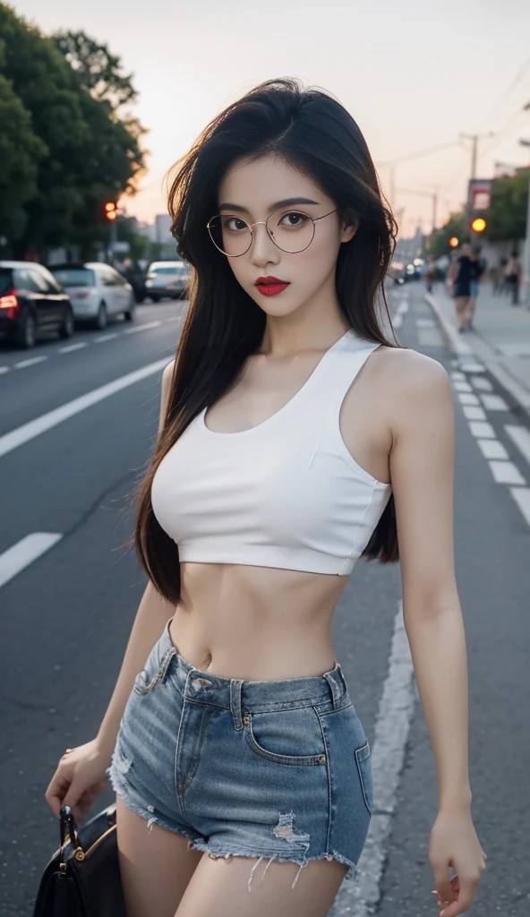 Beautiful girl, Make-up, Red lips, Big Breasts, Medium body size, Thigh, Street fashion clothes, Crop top, Tight shorts, , Roadside view, Traffic, Look at the audience, Wear glasses,