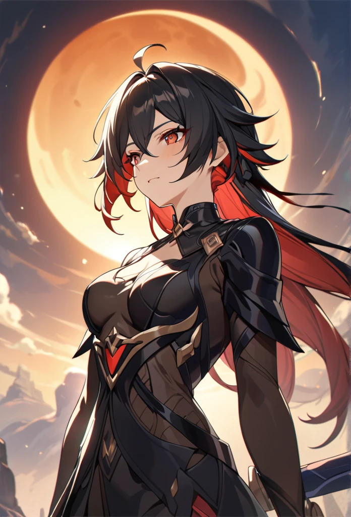 ((solo)), (woman), cherry red eyes, raven black hair, very long messy hair, vibrant red colored inner hair, (sculpted body), medium-big breasts, thick, mature body, a close up of a person with a scythe in a desolate land detailed key anime art, acheron, casimir art, masamune shiro, masamune, beautiful woman in demon slayer art, genshin, heise jinyao, shadowverse style, (no logos), eclipse, black powers, twilight scenery, detailed clothes, eye reflection, depth of field, cinematic lighting, ray tracing, depth of field, cinematic lighting, ray tracing, UHD, high details, best quality, highres, high quality, award winning, super detail, masterpiece, 8k, UHD, high details, best quality, highres, high quality, award winning, super detail, masterpiece, 8k