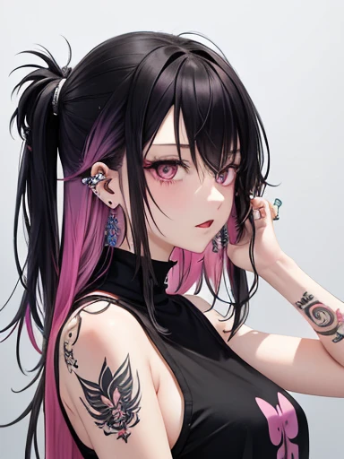 masterpiece, best quality, PIXIV, cool girl, lots of piercings, earrings, tattoos, black hair, pink dip-dye hair, gray eyes