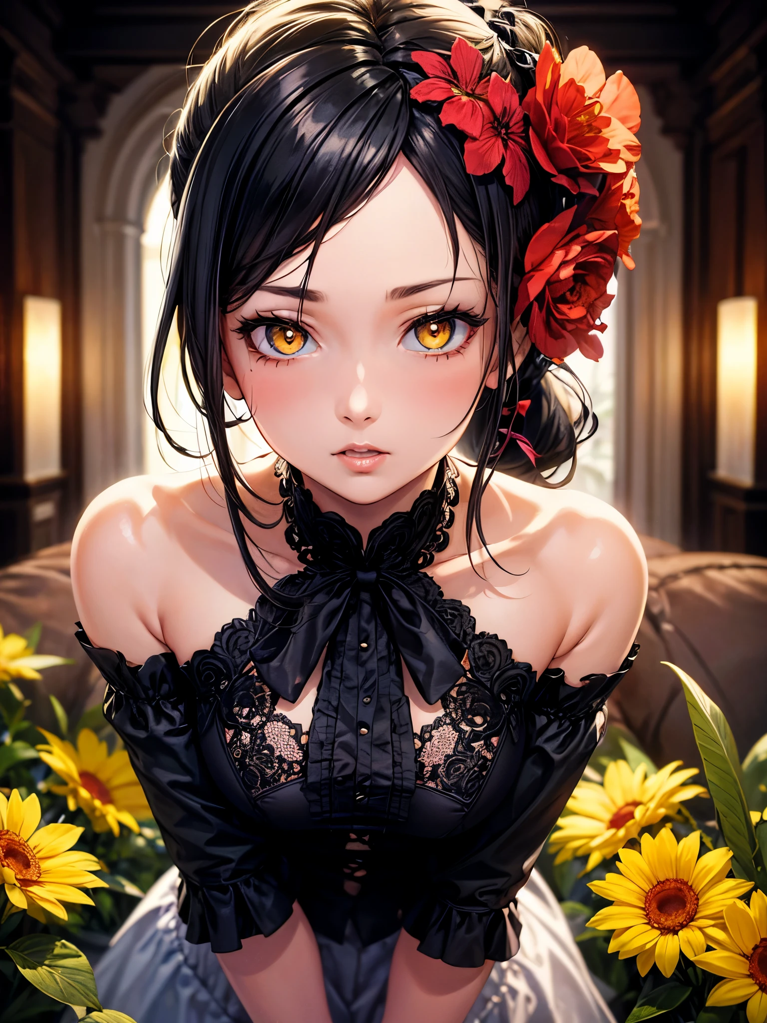  yellow_pupils, +_+, black_hair, high_ponytail, red_flower_hair_ornament, masterpiece, best quality, ultra-detailed, illustration, solo, 1girl, prinzzess 