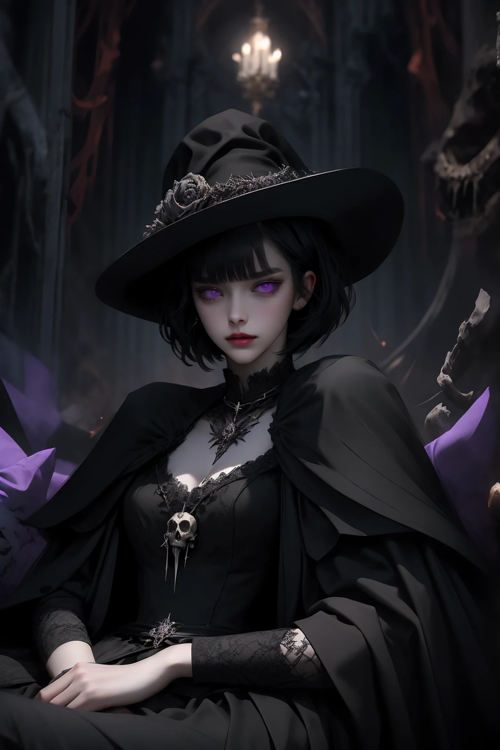 woman 30 years old, witchcraft, magician,magic clothes, where poison potions and vines abound, a woman (hutless), short black hair (black hair), (bangs: 1.2), (purple eyes), looks at you amidst a pile of bones and skulls. Indifferent look , merciless. among the skulls, Angry face, dinamic poses, egoist smile, sitting on the ground