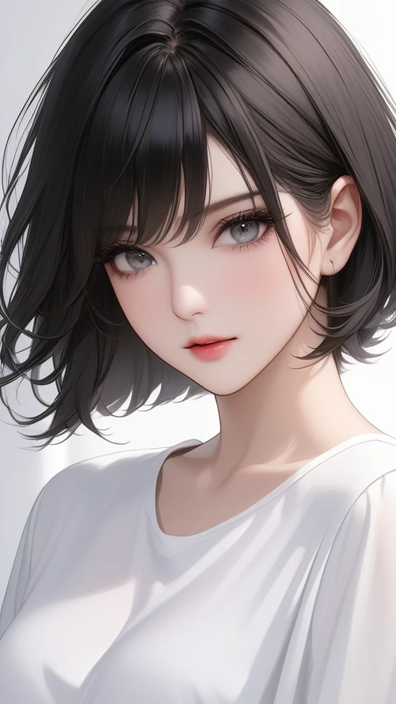 (Top resolution、Distinct_image)top-quality、FEMALES、​masterpiece、ighly detailed、Semi-realistic、Black short hair、Dark hair、grey  eyes、bangss、25-years old、Mature、young、Exquisite facial features、Facial features,closing eye