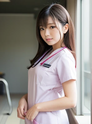 ((masterpiece, highest quality, Very detailed)),Princess Cut, Blunt bangs,beauty, Japanese girl, nurse師, whole body, Perfect Anatomy, Black Hair, Upstyle, nurse uniform, ((Nurse cap)), Long skirt, nurse, White costume,thin,hospital,clear,
