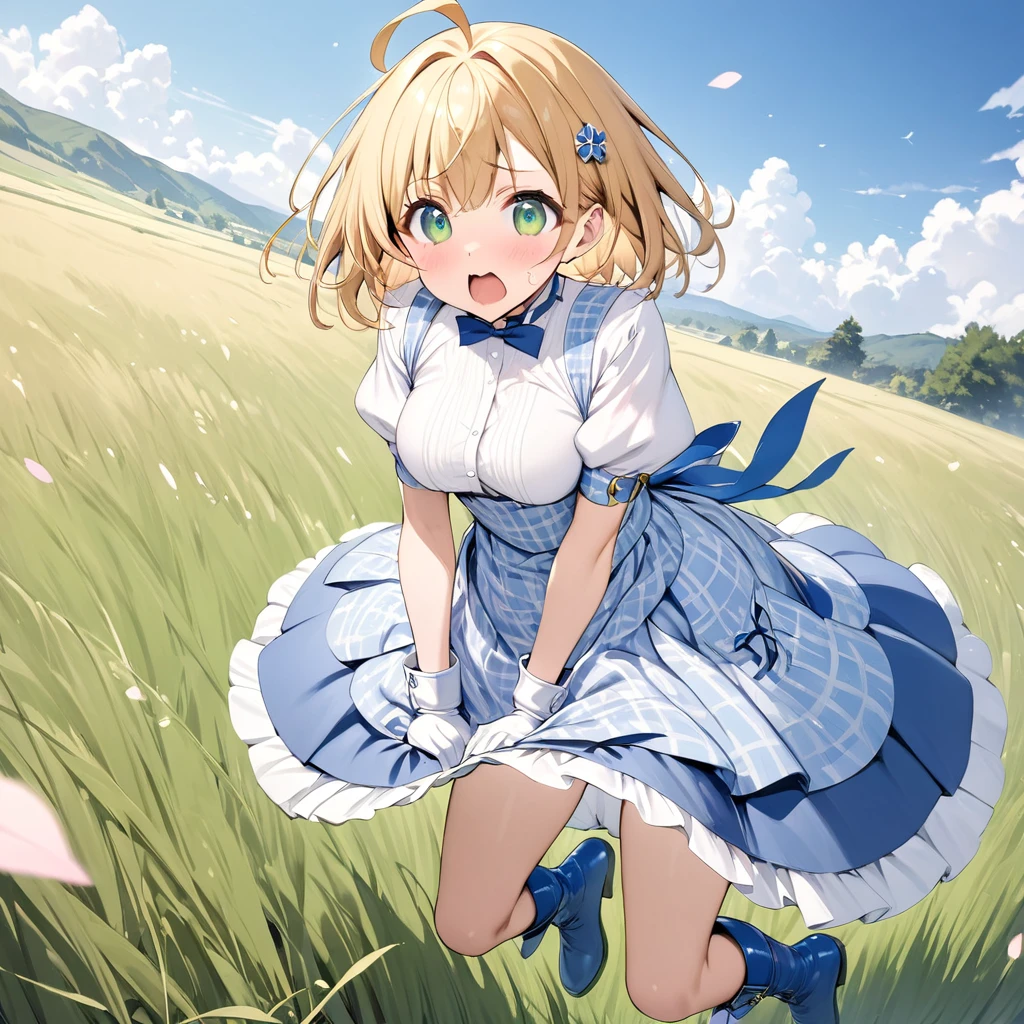 masterpiece, Best Quality, High resolution, Sakura Kinomoto, One Girl, Golden Hair, short hair, Antenna Hair, Ahoge, Crown, Green Eyes, Blue vinyl dress, Puff sleeves, Blue vinyl long gloves,White border,Circular skirt,Star-shaped skirt,White panniers,Retention Staff, Open your mouth, Cowboy Shot, blue sky,Gold border,White pattern on dress,Bright,Shiny material,Blue patent leather cuffed boots,Jumping,Displeased,High angle,grassland,White piping