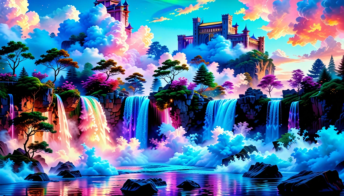 A Masterpiece In 32K Resolution: Supreme Quality, Super Detail, Official Art, Very High-Resolution 32K Wallpaper, Beautiful And Aesthetic, Ultra-Detailed Features, Awe-Inspiring Detail. Experience A Breathtaking Kingdom Filled With Romantic Dreams And Ethereal Beauty. Intricate Floating Islands Hover Over A Serene Landscape, With Fluffy Clouds Drifting Lazily By. A Magnificent Waterfall Cascades From One Island, Surrounded By Lush Greenery And Vibrant Hues, Creating A Surreal Atmosphere. This Hyper-Realistic Illustration Captures The Enchanting Beauty Of The Kingdom, Featuring Soft Pinks And Vibrant Gem Tones. The Colorful Sky Is A Watercolor Masterpiece With Luminescent Elements And Shimmering Rainbow Colors. In True Anime Style, The Scene Showcases Whimsical Soft Lines And Pastel Hues, Exuding Playfulness. Elegantly Designed Buildings Reflect Royalty And Grandeur, While Blue-Green Waters Glisten With Magical Reflections. Small Fantasy Details Like Shimmering Lights Create An Immersive Experience. This Artwork Embodies The Essence Of Fantasy, Inviting Viewers Into A Harmonious Realm Filled With Magic, Beauty, And Endless Possibilities.