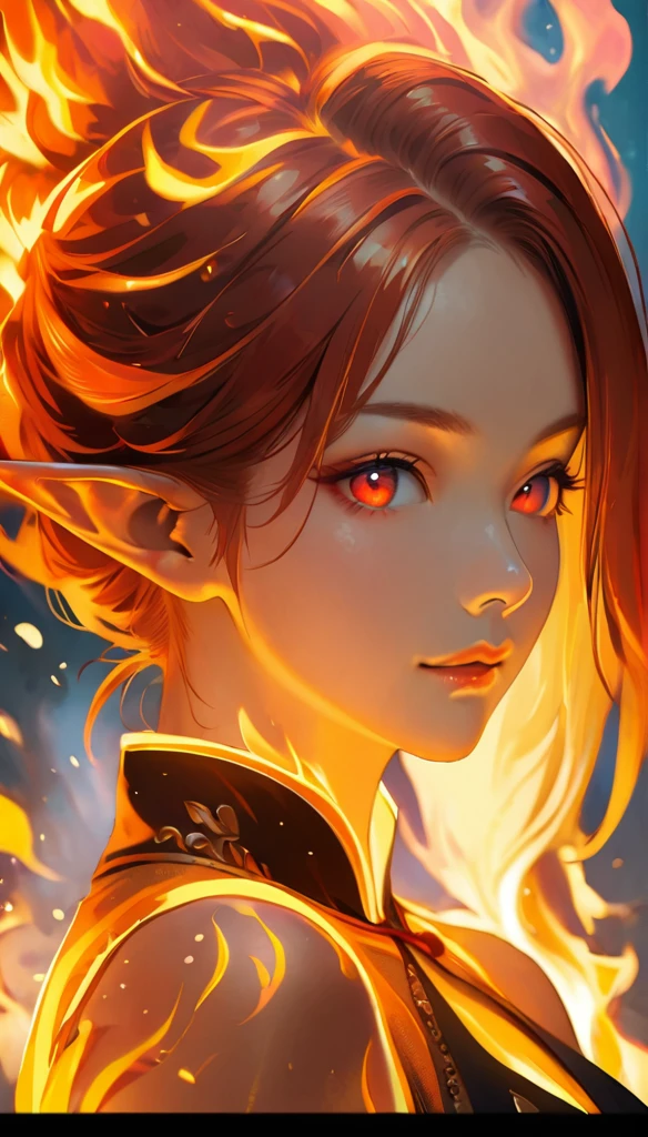 ((half body Portrait of a fire elf)), red flowing hair, shiny red eyes,( medium length pointy ears),orange fire around, flaming theme, burning atmosphere, (detailed sexy Chinese style costume:1.2), red glowing tattoos, orange crystal jewelry, light smile, mature body, colorful ,by Mappa studios,masterpiece,best quality,official art,illustration,ligne claire,(cool_color),perfect composition,absurdres, fantasy,focused,rule of third, close up portrait 