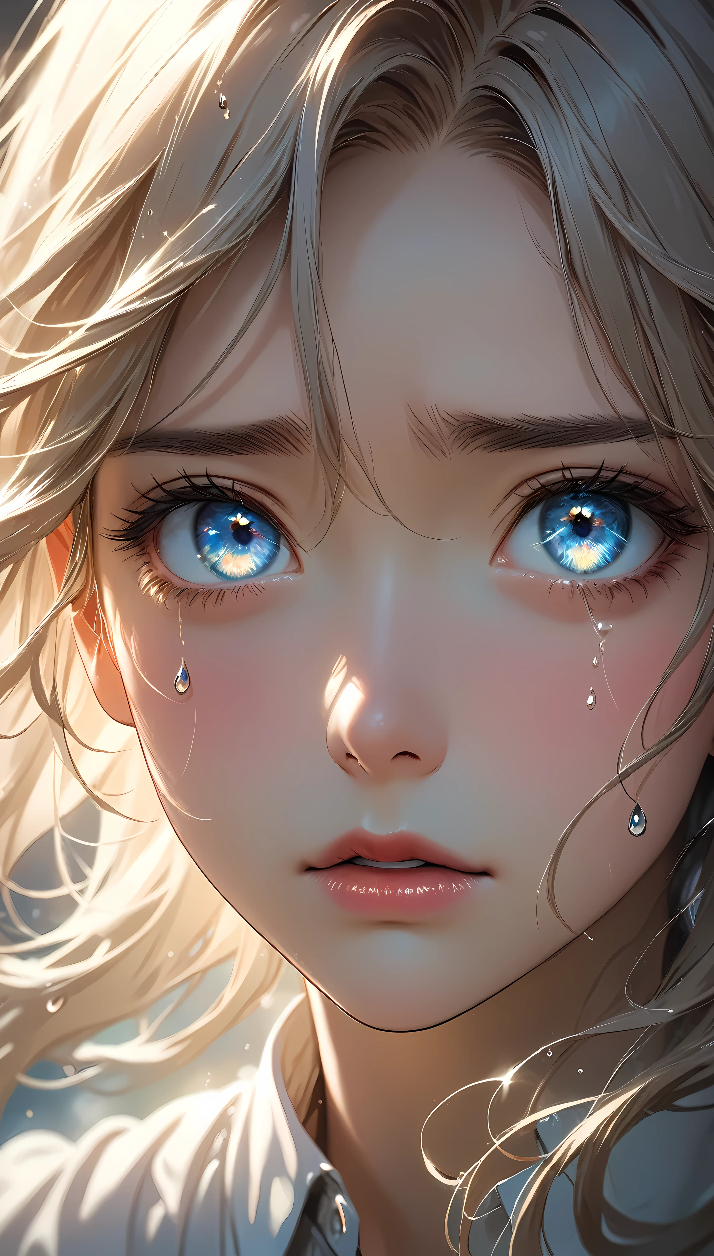 A single tear..., I stare straight at you, Drops running down the corners of the eyes, A strong and fleeting gaze..., One big tear..., Asking the viewer to understand the meaning of the tears...