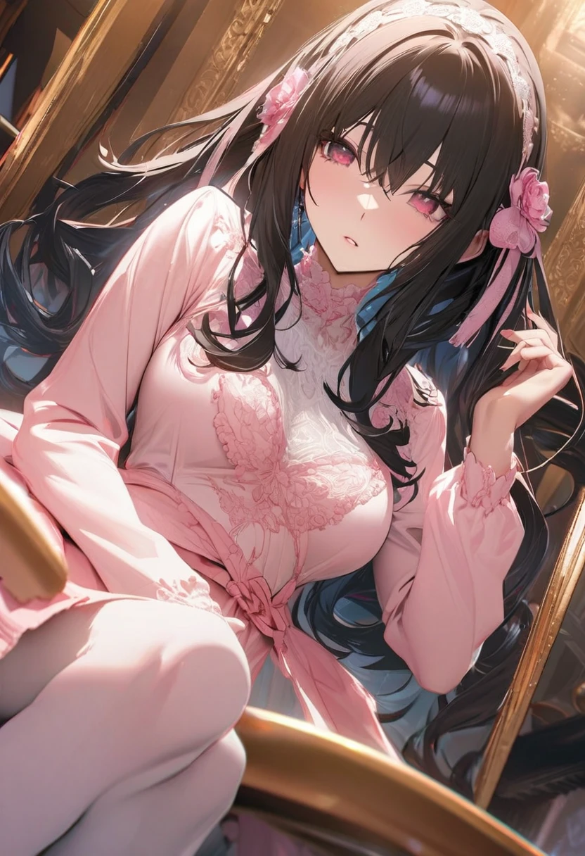 Sakura Jinguji, with her long black hair cut, spreads her pubic hair in a long sleeved, luxuriously embroidered, super shiny satin pink Western frill dress.　She cries while putting on a diaper