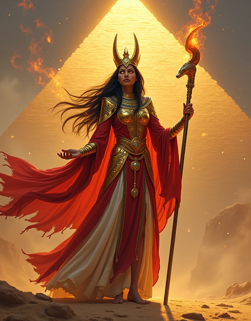 A powerful Egyptian witch standing in front of a massive ancient pyramid, wearing a golden and crimson gown adorned with intricate hieroglyphic patterns and flowing veils, her crown made of golden cobras and sun symbols, her eyes glowing with the fiery light of the desert sun, surrounded by swirling sandstorms and burning heat, holding a staff with a cobra head, radiating an aura of regal authority and ancient power.