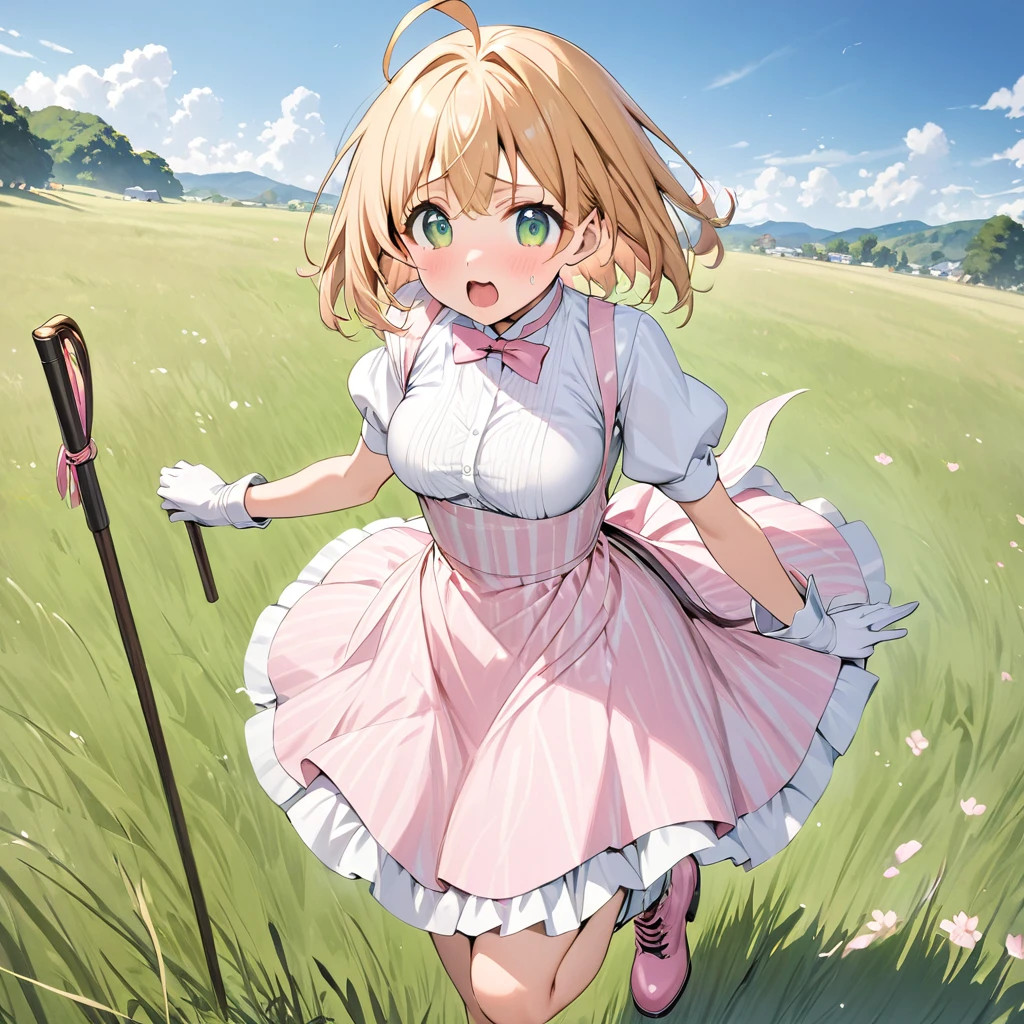 masterpiece, Best Quality, High resolution, Sakura Kinomoto, One Girl, Golden Hair, short hair, Antenna Hair, Ahoge, Crown, Green Eyes, Pink vinyl dress, Puff sleeves, Pink vinyl long gloves,White border,Circular skirt,Star-shaped skirt,White panniers,Lifting a walking stick, Open your mouth, Cowboy Shot, blue sky,Gold border,White pattern on dress,Bright,Shiny material,Pink patent leather folded boots,Jumping,Displeased,High angle,grassland,White piping