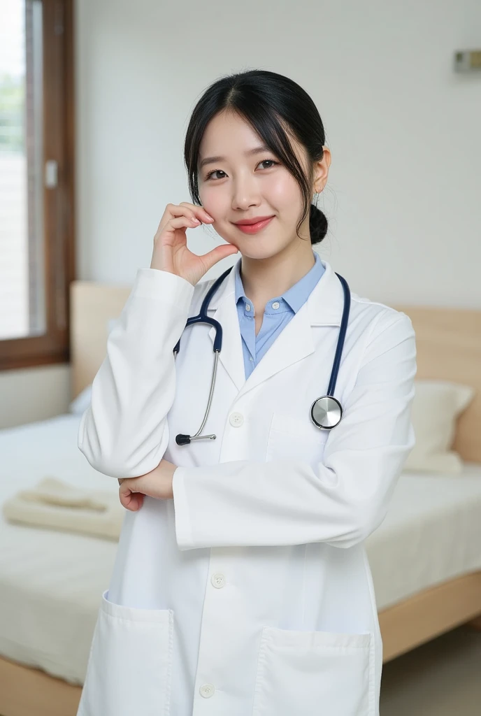 photorealistic, photograph, medium shot, standing, smiling beautiful Japanese female doctor making cheekheart with hand by her cheek, slim hourglass figure, narrow waist, beautiful detailed face, black chignon hair, pale skin, fair skin, realistic skin, detailed cloth texture, detailed hair texture, Perfect proportion, Anatomically correct, Highly detailed face and skin texture, private modern hospital room, looking at viewer, asian face , perfect anatomy, realistic,