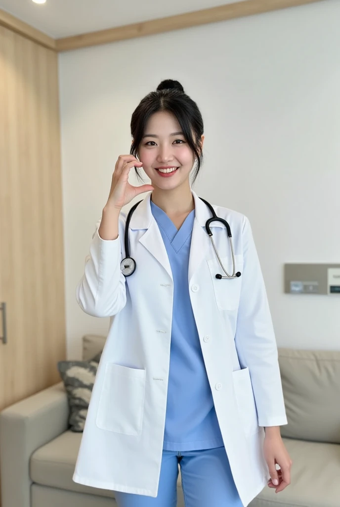 photorealistic, photograph, medium shot, standing, smiling beautiful Japanese female doctor making cheekheart with hand by her cheek, slim hourglass figure, narrow waist, beautiful detailed face, black chignon hair, pale skin, fair skin, realistic skin, detailed cloth texture, detailed hair texture, Perfect proportion, Anatomically correct, Highly detailed face and skin texture, private modern hospital room, looking at viewer, asian face , perfect anatomy, realistic,