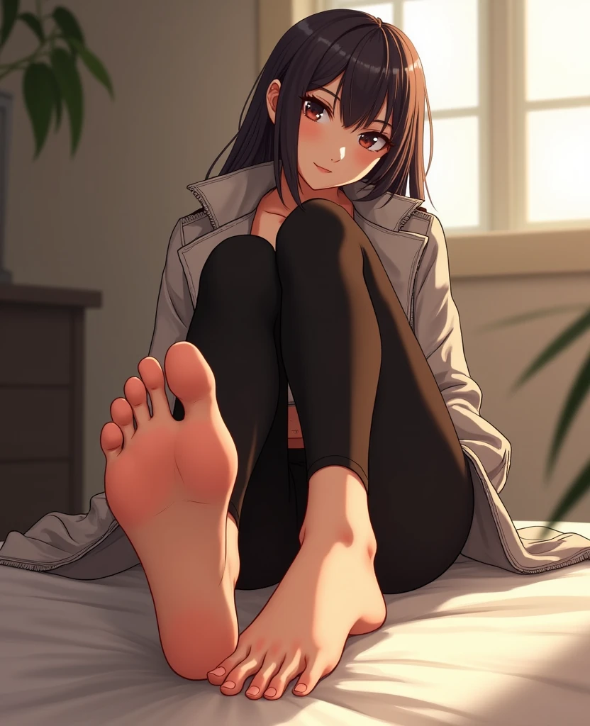 Intricate anime illustration of a woman wearing leggings and a jacket, bare foot, feet focus, foot sole, depth of field, cinematic 