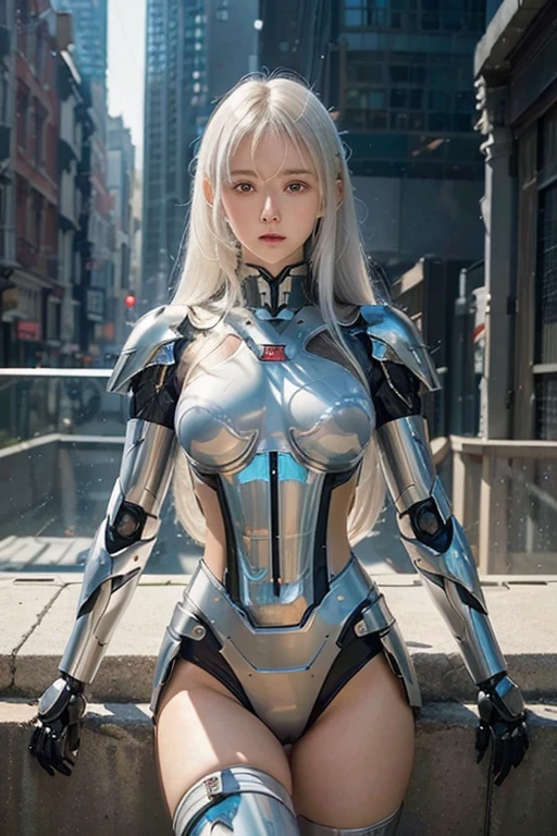 ((girl, Mecha)), Glowing eyes, Delicate face, Damaged Armor, Mechanical aura, Mechanical arm, White hair, Long hair, Ceramic body, Thigh clearance, Small breasts, Network Background, Very nice city, (translucent, Reflective Skin), 8k, best quality, Super detailed, (Surrealism: 1.4),  