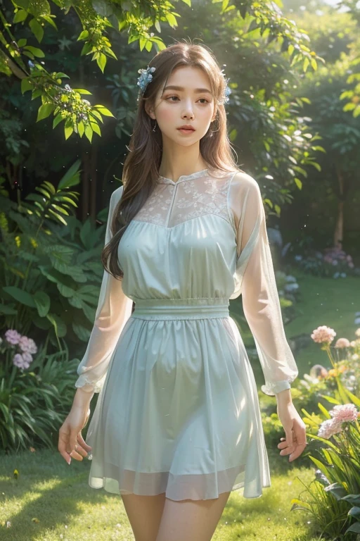 (woman wearing silver blue dress),(Stand gracefully),(with dynamism、Colorful garden front),(Shooting from front),(With double exposure effect),(Create an ethereal atmosphere),(Best quality,4K,8K,A high resolution,tmasterpiece:1.2),ultra - detailed,(actual,realistically,realisticlying:1.37),(oil painting or fine art:1.1),(beautidful eyes),(beautiful detailed lips),(Long eyelashes),(The soft, floated hair),(beautiful postures),(with a calm expression),(There are flowers all around),(Lush greenery),(butterflies flying),(Natural sunlight illuminates the scene),(evoke a feeling of tranquility and beauty),(Soft color palette),(Subtle and dreamy lighting)。