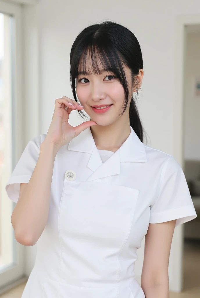 photorealistic, photograph, medium shot, standing, smiling beautiful Japanese female nurse in nurse dress making cheekheart with hand by her cheek, slim hourglass figure, narrow waist, beautiful detailed face, black chignon hair, pale skin, fair skin, realistic skin, detailed cloth texture, detailed hair texture, Perfect proportion, Anatomically correct, Highly detailed face and skin texture, private modern hospital room, looking at viewer, asian face , perfect anatomy, realistic,