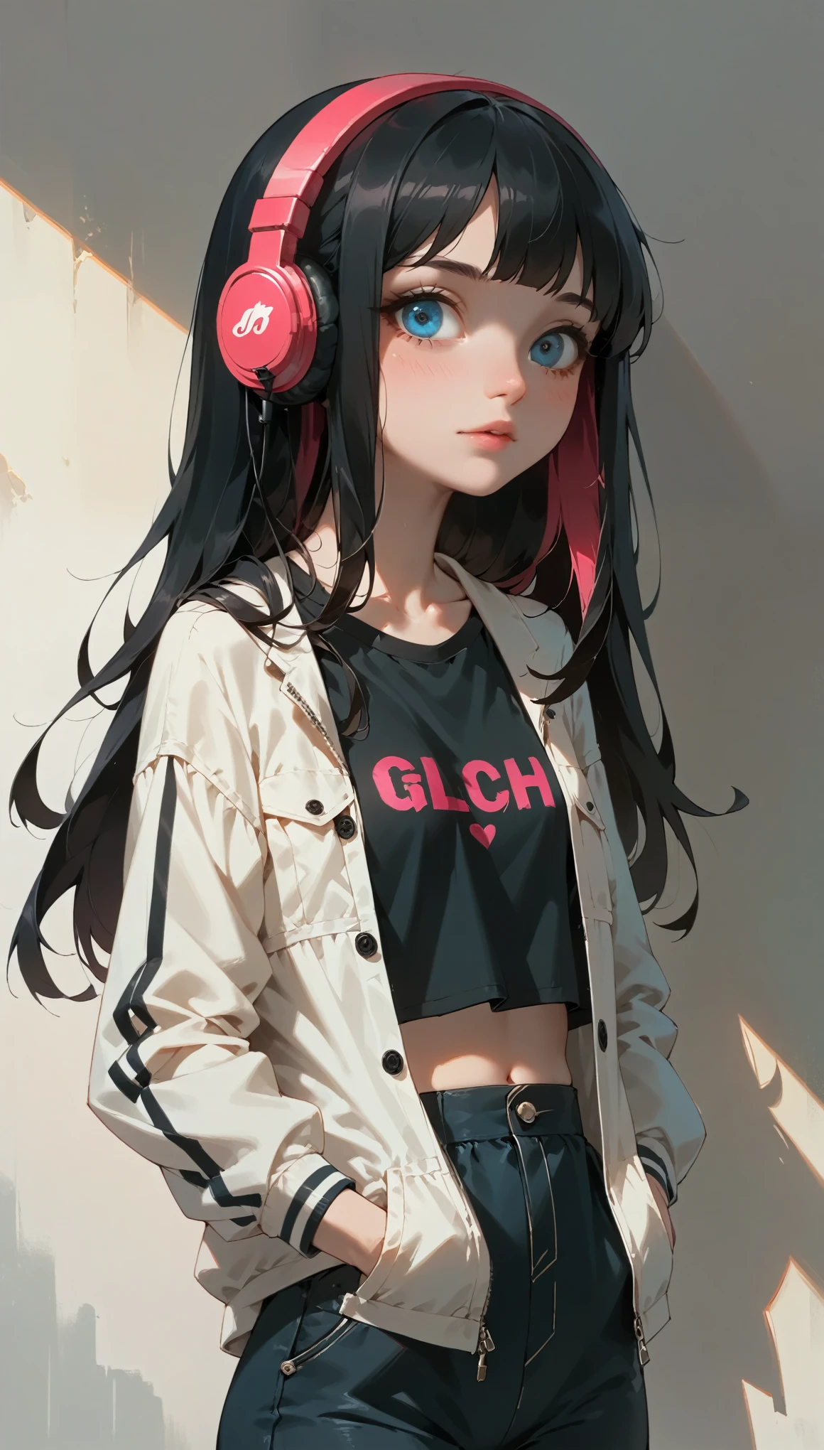 Sexy slim gothic girl, Square Hairstyles, Black Hair、Hair with pink gradation at the ends、Listening to music with Sony headphones、break、Stroll around downtown、Walk Cool、Put your hands in your trouser pockets、