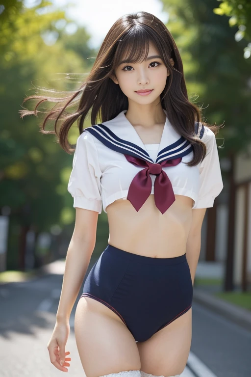 (masterpiece:1.3), (8k, Realistic, RAW Photos, Best image quality: 1.4), Japanese, (One Girl), Beautiful Face, (A vivid face), Beautiful hairstyle, Realistic eyes, 目の美しいdetailed, (Realistic Skin), charm, High resolution, Realistic, Attention to detail, Golden Ratio, (Detail Makeup:1.2), View your audience,Tabletop, Please redeem, 非常にdetailed, detailed, whole bodyの構造、Boldly spread your legs、Beautiful Attention to detail, Fitness Wear, Natural color lip,Realistic、Realistic、Please redeem、美しくdetailedな、Disorganized person、Incredibly irrational、My hair is messy、Floating Hair、Brown Hair、Wavy Hairstyle、Medium Hair、(非常にdetailedCG、8k portrait wallpaper)、(So delicate and beautiful)、(masterpiece)、(Sailor suit 1.2)、The ribbon is green、Sailor uniforms are short-sleeved、Outdoor、on the road、街のon the road、crowd、whole body, Looking into the camera, Japanese women, Perfect beauty, Visible pores in texture, Perfect Face, Beautiful Skin, Beautiful and toned body, Muscular, thin, Small breasts, きついお尻とSmall breasts、Small Ass、 Bloomers (Bloomers in Japan School, Seamless Design, Monochrome Bloomers, Bloomers are dark Brown, Accurately、Bloomers are elastic fabrics、Bloomers length from navel３ｃｍThe following degrees:::, )、Standing posture、smile、背景にはcrowd、Standing posture、Front、Thighs、smile