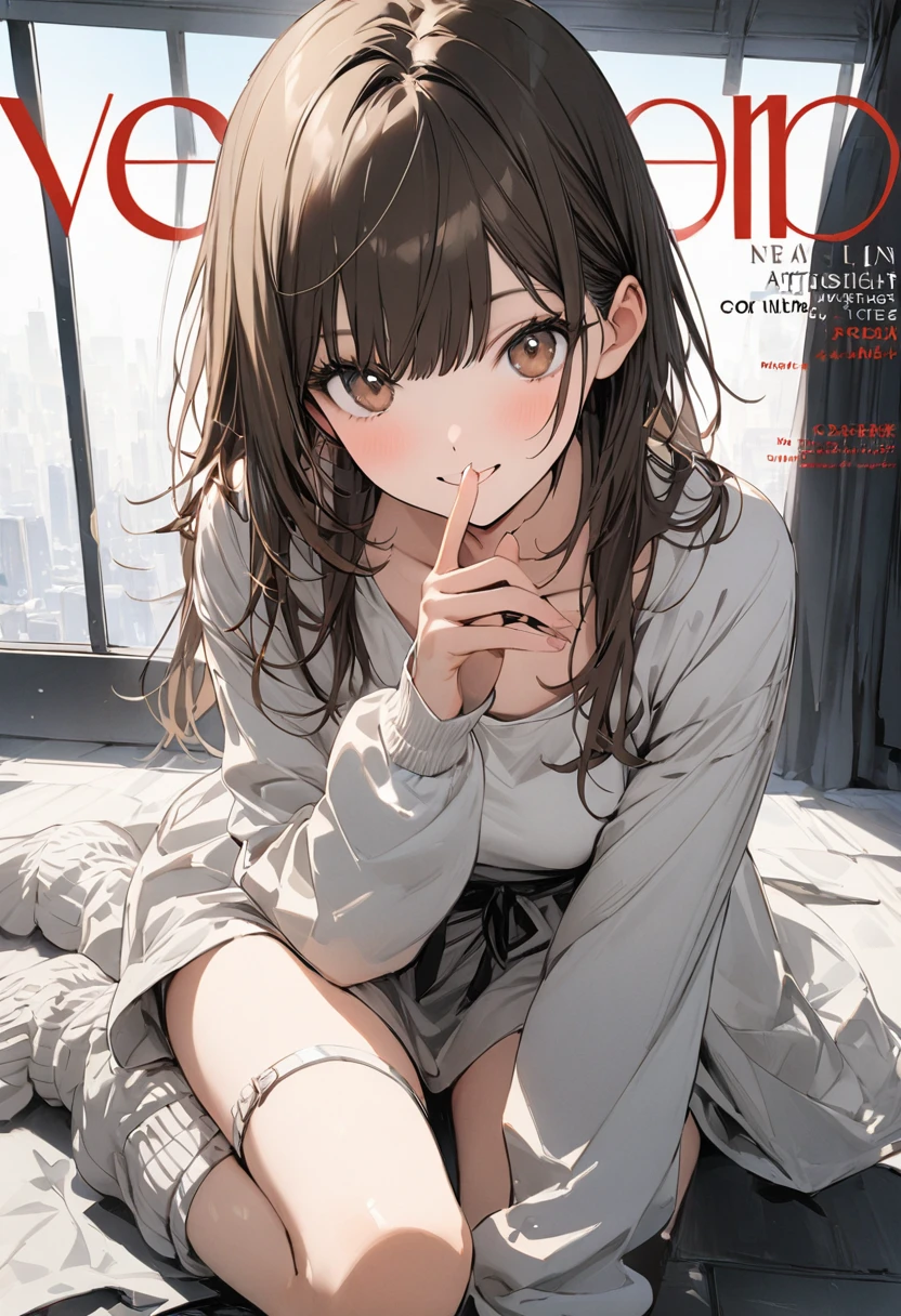 cover of a fashion magazine,(1 girl,slim,Small breasts,Long brown straight hair,Side bangs,slope_eye),loose socks,conceptual Art, masterpiece, Super detailed, Attention to detail, High image quality,highest quality, High resolution,favorite lovely posing,Happy