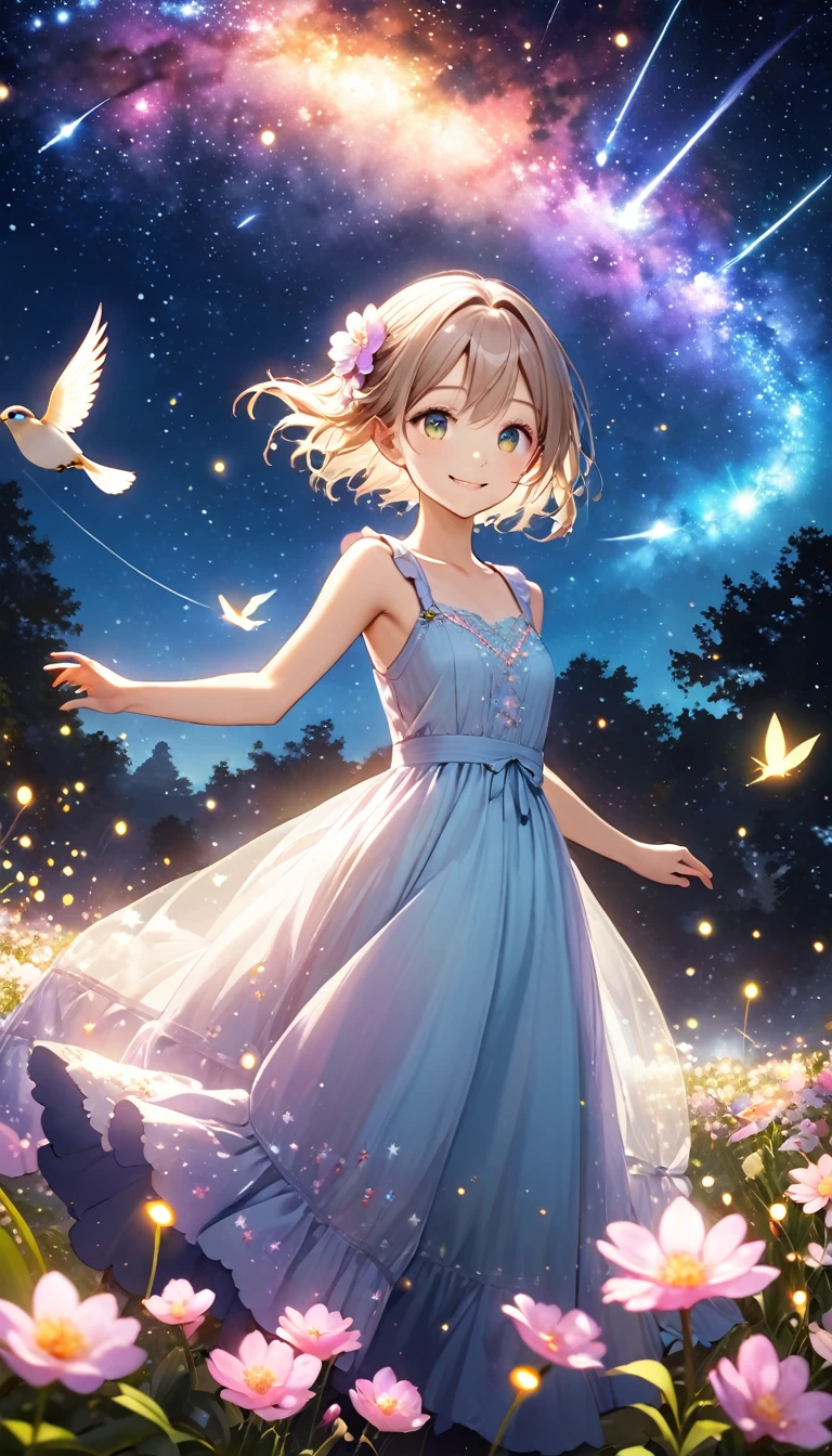 Please redeem, great quality, 8k, Very detailed, 2.5D, Delicate and dynamic, Fireflies flying around emitting small lights, night, Starry Sky, milky way, nebula, Shooting Star, flower, bird, smile, Delicate eye depiction,  Healthy body shape, Small breasts,  Colorful long dresses, 