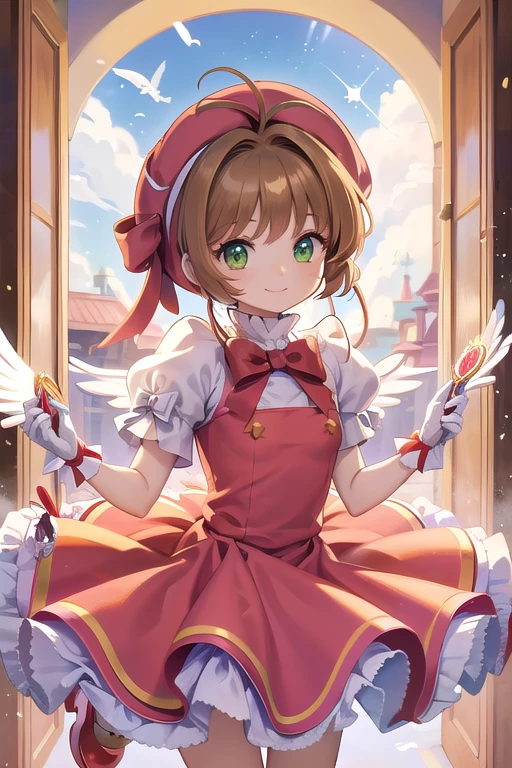 ((Please redeem)), ((masterpiece)), (Get used to), Perfect Face, Big Eyes, Droopy eyes, eyelash, Sparkle in the eyes , (Cardcaptor Sakura), (Sakura Kinomoto), green eyes, Short brown hair, Red dress, Puff sleeves, White gloves, Red ribbon, White knee socks, (mini skirt), medium breasts, smile, Mouth closed