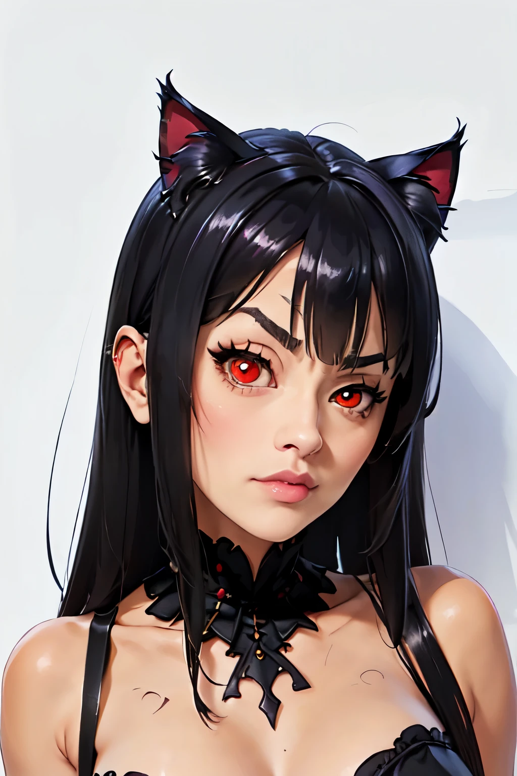 highly detailed, high quality, masterpiece, beautiful, RocksRaiseEyebrow, 1 girl, Alone, portrait, raised eyebrow, thick eyebrows, Akame (junkotvv (cat ears, red eyes, black hair)), red eyes, big breasts,