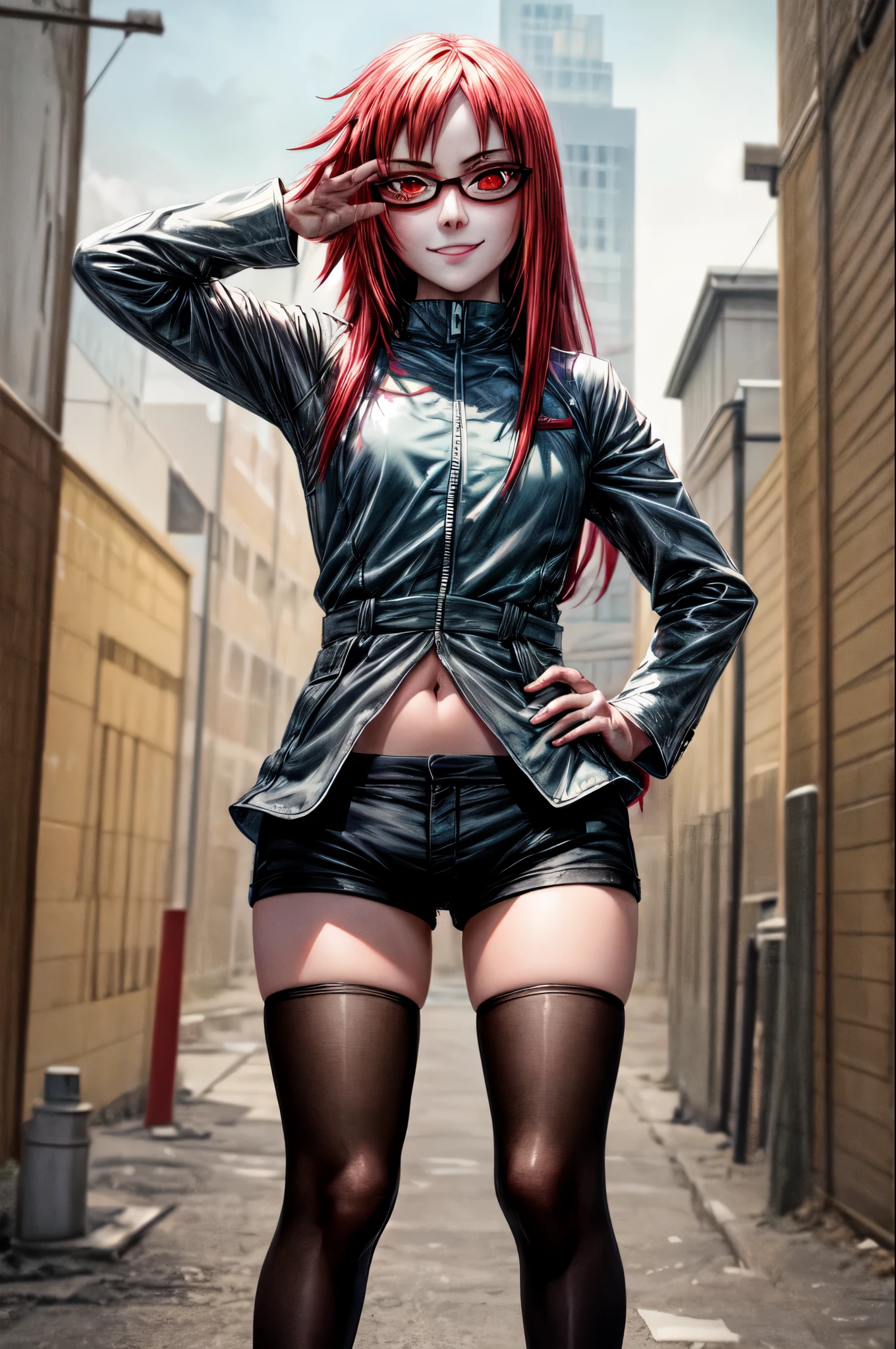 masterpiece, best quality, solo, 1girl, karinuzumaki, smirk, looking at viewer, Red eyes, red glasses hand on hip, glasses, short cowgirl jacket, long sleeves, shorts jrans, thighhighs