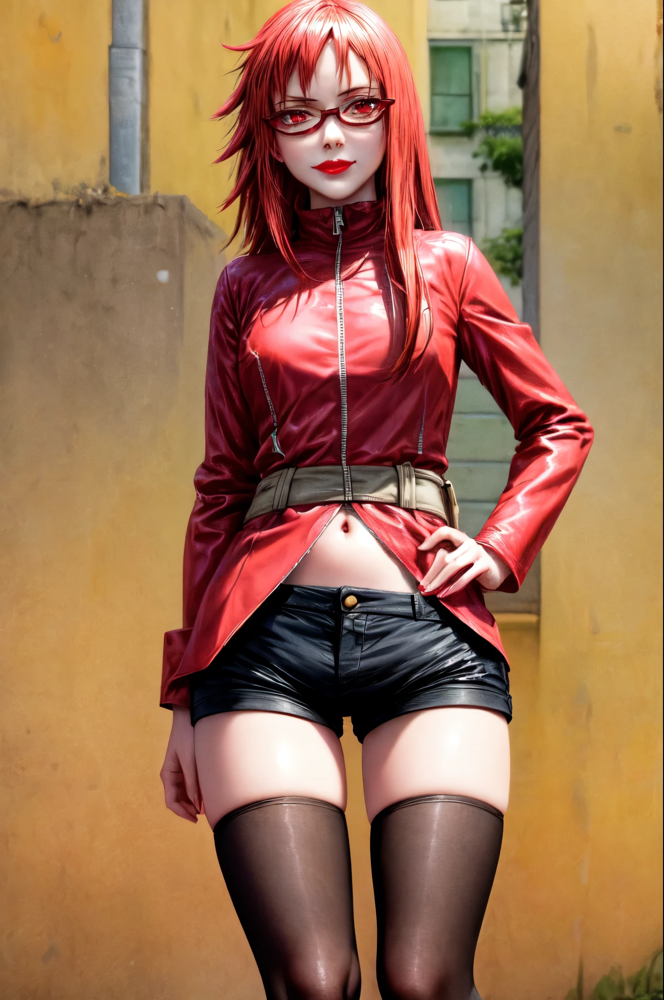 masterpiece, best quality, solo, 1girl, karinuzumaki, smirk, looking at viewer, Red eyes, red glasses, Red lipstick, hand on hip, glasses, short cowgirl jacket, long sleeves, shorts jrans, thighhighs