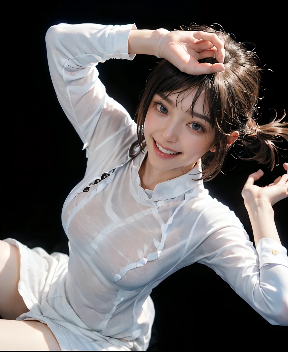 (Masseter muscle area:1.3), (8k, Photorealistic. RAW Photos. Highest quality::1.4), (1 female), Beautiful expression, (A vivid face), sharp brown eyes, Supermodel face, (Wet black hair, short hair:1.6), Beautiful hairstyle, Realistic eyes, Beautiful details, Realistic Skin), Beautiful skins, (White dress shirt:1.6), Absurd, Charm, Ultra-high resolution, Surreal, High definition, Golden Ratio