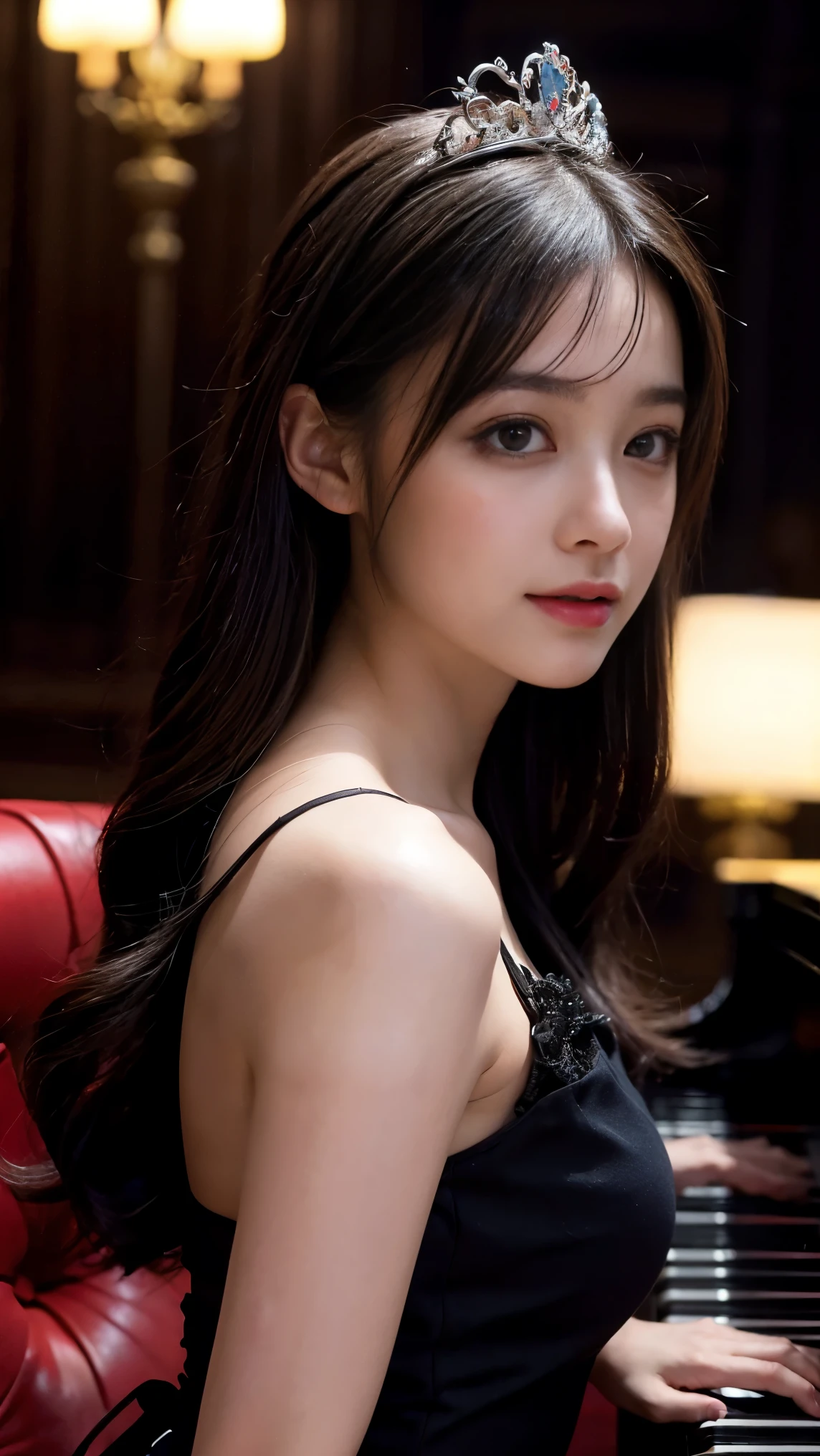 8k, Best Quality, Very high quality, masterpiece, Ultra-high resolution, Photorealistic, 超Realisticな, Realistic, Very detailed, RAW Photos, Realistic, Ultra-realistic, Ultra high definition, Increase contrast, Increase saturation, Realistic Skin, Realistic Skin色, Beautiful Skin, Cute Face, Beautiful expression, A kind smile, A vivid face, Beautiful detailed hair, Beautiful detailed eyes, Beautiful woman with perfect figure, Attractive, (A cute Japanese girl:1.2), (Straight Long:1.2), (A beautiful tiara with sparkling diamonds), (Very detailedで綺麗な赤色のウエディングドレス:1.3), (Red high heels), (Full-body shot from the side while playing the piano:1.3), (Staring at the piano:1.2), (In the dark, candlelit cathedral,, by ilya kuvshinov, Alessio Albi, Nina Masik,, Sharp focus, Natural lighting, Scattered beneath the surface, F2, , Film Grain:1.3)、(Overall dark photo:1.3)