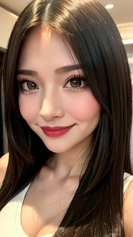 (((8k,Attention to detail,Attention to detail、highest quality,masterpiece,Attention to detail,alone))),RAW Photos & Realistic atmosphere,Beautiful dark eyes,Mouth Details,Glossy lips,Thin eyebrows,beautiful Eyes、Soft white skin that shines in every detail、Her deep black eyes are very beautiful,Lip details、Very beautiful face,Very beautiful face、Lively Faces,beautiful, Glistening lips,beautiful Eyebrows,Infinite Reality, Realistic Young Gravure Idol,Very cute woman , Young Gravure Idol, Young Gravure Idol, とても美しくてかわいいbeautiful 21 year old beauty,Incredibly beautiful and elegant,beautiful 21 year old beauty,Natural soft light,(Shiny Hair,,beautiful and kind eyes:1.5),A kind smile,Shapely breasts,Long Hair,beautiful posture,No makeup,Take a quick look at the camera,Red Shirt,