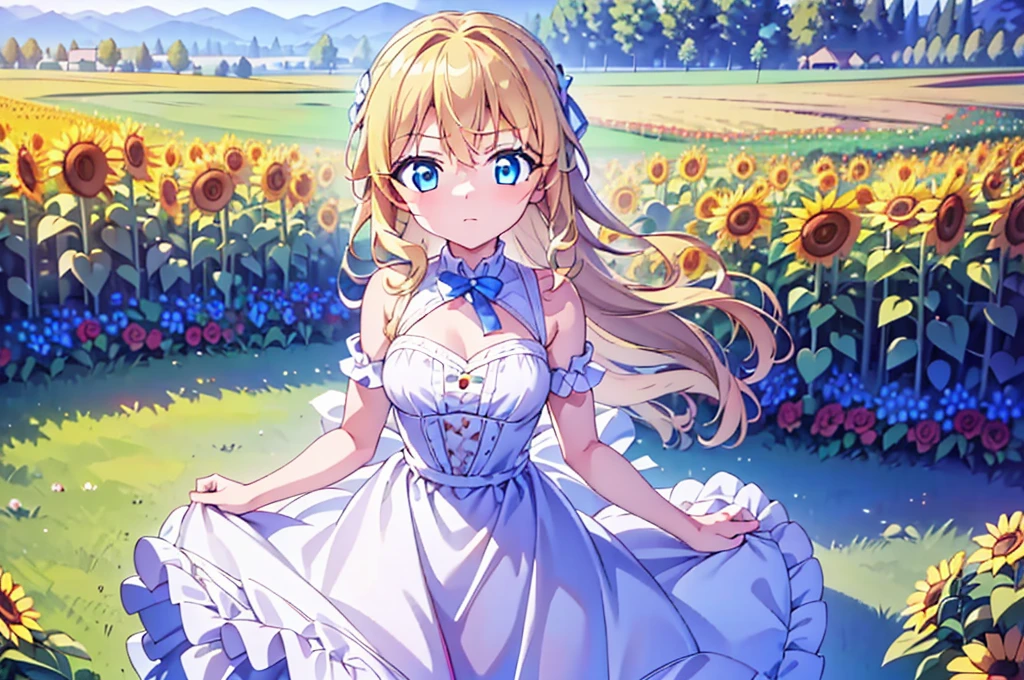 insanely detailed, absurdres, ultra-highres, ultra-detailed, best quality,
1girl, solo,  qhly, blonde hair, blue eyes, garden, roses, sunflowers, no breasts, no emotions, hands on the back, white and blue dress, 
