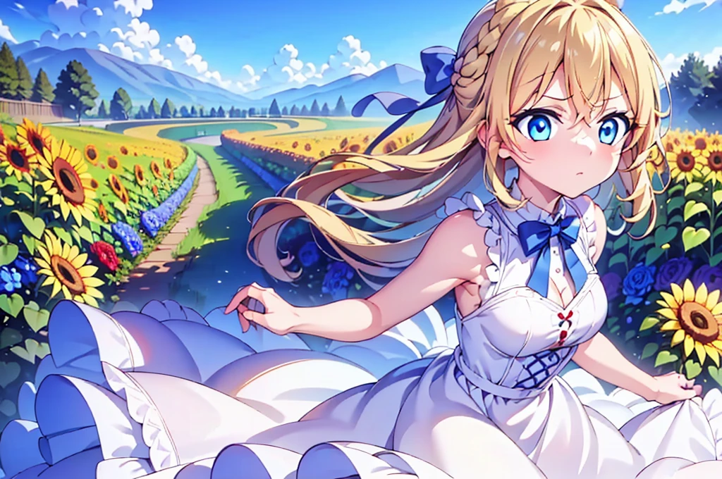 insanely detailed, absurdres, ultra-highres, ultra-detailed, best quality,
1girl, solo,  qhly, blonde hair, blue eyes, garden, roses, sunflowers, no breasts, no emotions, hands on the back, white and blue dress, 
