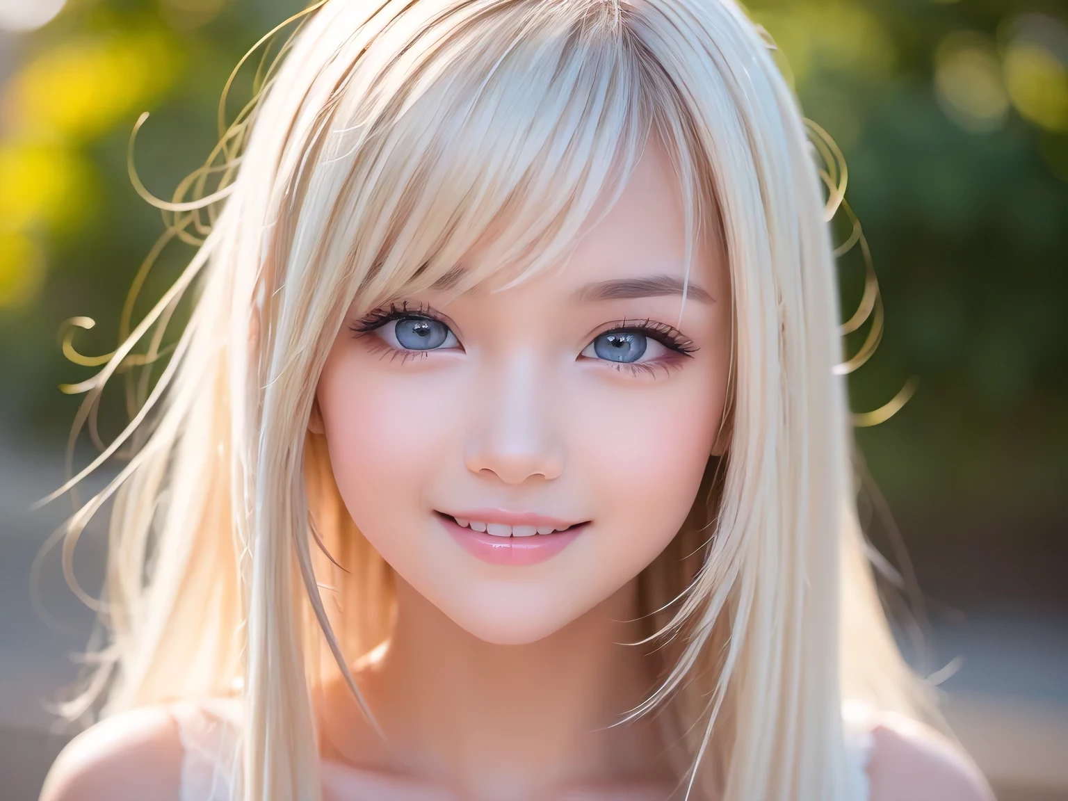 Original photo、(((Extreme beauty portrait)))、((Glowing, incredibly white, beautiful young skin))、1 girl、Cute beautiful baby faced  girl from Prague、((Shiny bright metallic platinum blonde hair))、Super long straight silky hair、Hair hanging down in front of the face、[Her incredibly bright light blue eyes with a whitish tint are attractive.,]、Silky long hair、Eyeliner、Beautiful Bangs、Hair between the eyes、Fluttering Hair、Laughter、((masterpiece、最high quality、Ultra-detailed、Film Light、Intricate details、High resolution、8k、Very detailed))、Detailed Background、8K UHD、Digital SLR camera、Soft Light、high quality、Film Grain、Fuji XT3 、Shallow depth of field、Natural soft light、（Perfect hands）、Perfect beautiful face、Round face、Small Face Beauty