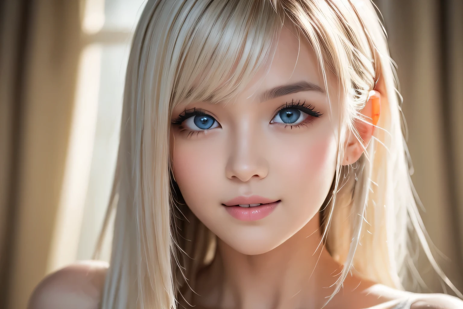 Original photo、(((Extreme beauty portrait)))、((Glowing, incredibly white, beautiful young skin))、1 girl、Cute beautiful baby faced  girl from Prague、((Shiny bright metallic platinum blonde hair))、Super long straight silky hair、Hair hanging down in front of the face、[Her incredibly bright light blue eyes with a whitish tint are attractive.,]、Silky long hair、Eyeliner、Beautiful Bangs、Hair between the eyes、Fluttering Hair、Laughter、((masterpiece、最high quality、Ultra-detailed、Film Light、Intricate details、High resolution、8k、Very detailed))、Detailed Background、8K UHD、Digital SLR camera、Soft Light、high quality、Film Grain、Fuji XT3 、Shallow depth of field、Natural soft light、（Perfect hands）、Perfect beautiful face、Round face、Small Face Beauty