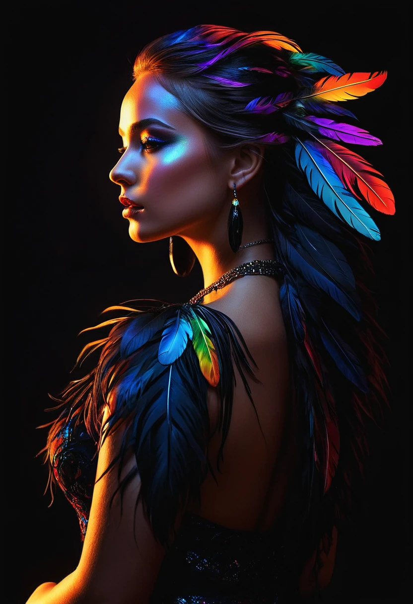 In this Esao Andrews' mesmerizing hyper-realistic portrait, 

a captivating human-bird creature with a slender frame and translucent, 

bioluminescent skin illuminates the scene. The creature's delicate form emits a stunning neon glow, 

while it tenderly cradles its enchanting bird-like face, 

which is adorned with a myriad of multi-colored neon dots radiating brilliant light. The dreamy atmosphere, 

saturated with a vibrant color palette, 

transports the viewer into a world of wonder and mystery, 

perfectly encapsulating the artist's signature style. The cinematic quality of the image makes it suitable for a poster, 

inviting the audience to dive into a realm of enchantment and intrigue., 

poster, 

photo, 

vibrant, 

cinematic