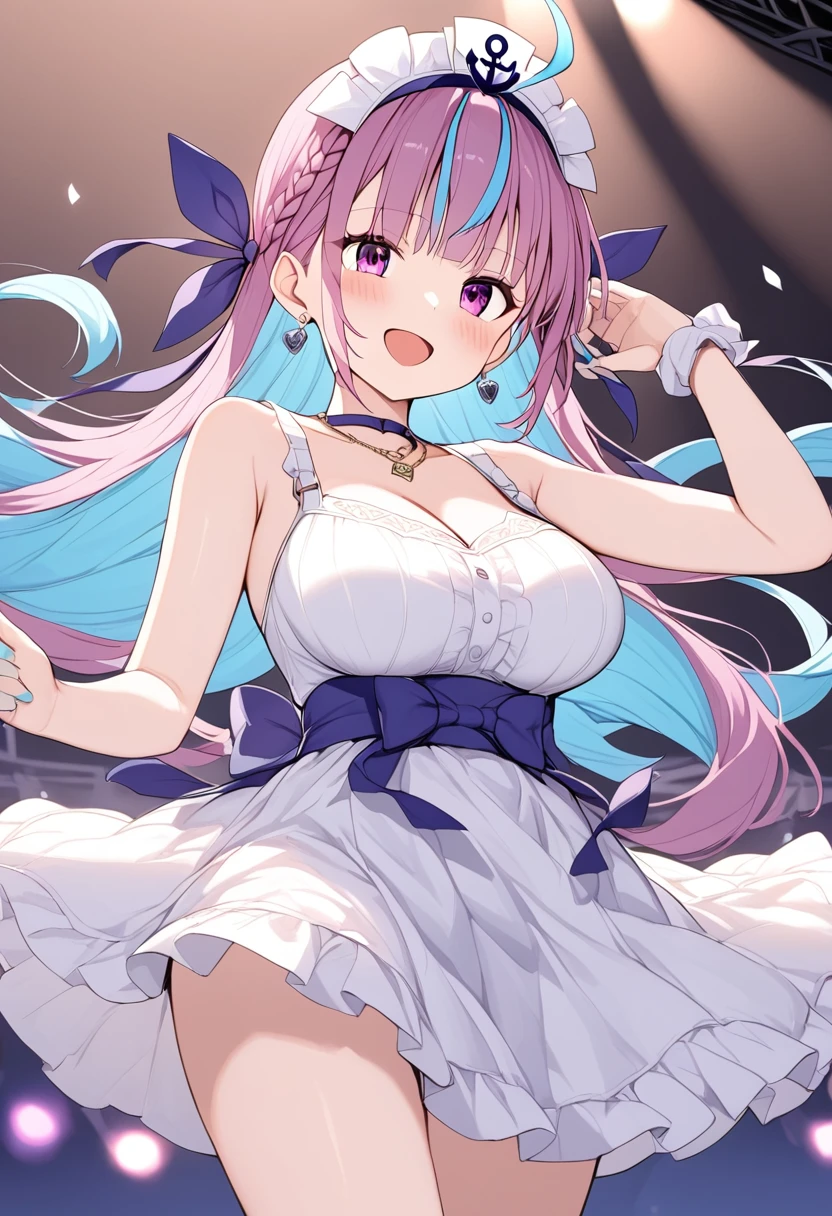 1 person、Minato Aqua、Ho****ve,Purple Hair,Blue Hair,Purple eyes,Large Breasts,White Dress、Ho****ve、smile、be happy、Red cheeks、belly button、Shoulder Bare、on stage、sing、dance、Purple ribbon、White Rose、White Scrunchie、Teary-eyed、smile、be happy、microphone、White headband、ribbon、necklace、Earrings