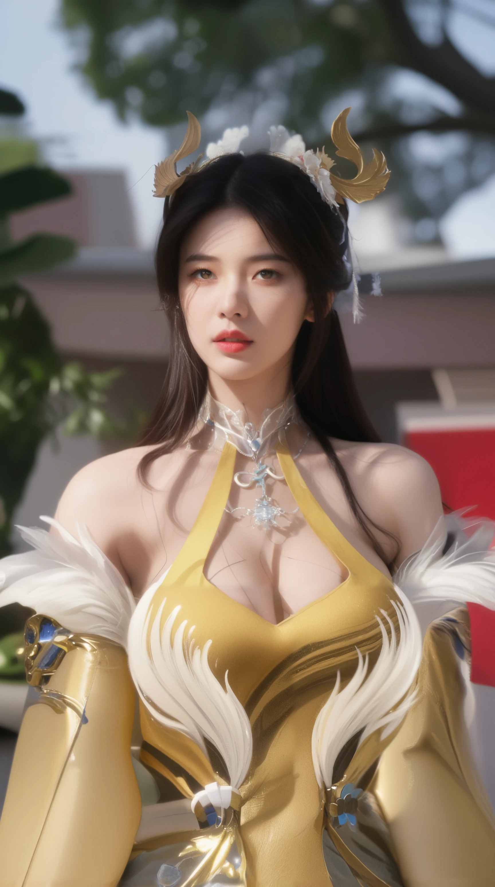 a woman in a white dress and gold outfit posing for a picture, zhongli from genshin impact, trending on cgstation, full body xianxia, loba andrade from apex legends, from overwatch, trending at cgstation, keqing from genshin impact, kda, artwork in the style of guweiz, senna from league of legends,mini bra, strapless bra, bikini top
