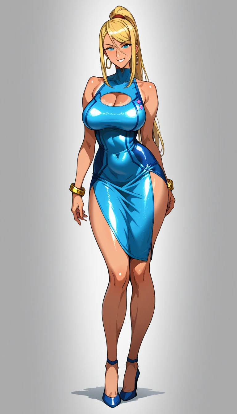 score_9,score_8_up,score_7_up,score_6_up, takeda hiromitsu style,1girl, sole_female, tanned, tanlines, pink bodycon dress, blue bodycon dress, sequins, mini_dress, micro_dress, shiny_clothes, sheer_clothing confident_pose, standing, intricate_face, intricate_eyes, smile, saggy_breasts, slender_waist, curvy_hips, high_heels, gold_bracelets, chain_necklace, hoop_earrings, ankle_bracelets, dynamic_pose, sexy_face, sultry, curvy, skindentation, skin_tight, short_dress milf, mature_female, thick_hips, horny, cleavage_cutout, hip_vent, hip_cutout saggin_breasts, skimpy_outfit, revealing_outfit, sultry_expression, seducing_eyes, bedroom_eyes, seductive, sexy_pose, bend_over, Samus_Ara