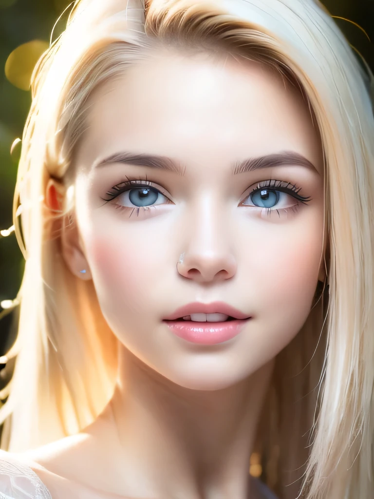 Original photo、(((Extreme beauty portrait)))、((Glowing, incredibly white, beautiful young skin))、1 girl、Cute beautiful  faced  girl from Prague、((Shiny bright metallic platinum blonde hair))、Super long straight silky hair、Hair hanging down in front of the face、[Her incredibly bright light blue eyes with a whitish tint are attractive.,]、Silky long hair、Eyeliner、Beautiful Bangs、Hair between the eyes、Fluttering Hair、Laughter、((masterpiece、最high quality、Ultra-detailed、Film Light、Intricate details、High resolution、8k、Very detailed))、Detailed Background、8K UHD、Digital SLR camera、Soft Light、high quality、Film Grain、Fuji XT3 、Shallow depth of field、Natural soft light、（Perfect hands）、Perfect beautiful face、Round face、Small Face Beauty