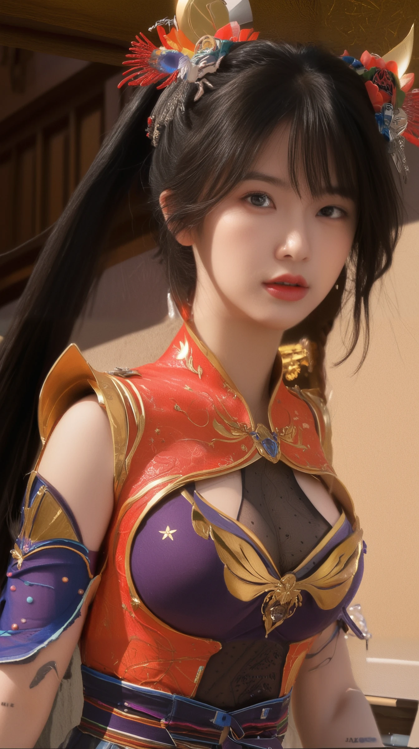 (Front Focus、Perfect Anatomy:1.5)、(Ultra-detailed、16k quality、RAW Photos、Real Skin: 1.6)、Hyper Realist、Photorealistic.Cinema Lighting、Highly detailed face、smile、1 美しいThailand人少女、14 years、short hair(Disproportionate breasts)(Dark Skin、Dark Skin:1.8)Sunburn、eyeliner、lip(きわどいThailandの服装:1.4)(Thailand、sightseeing、early morning:1.4)、One beautiful woman, Highest quality、masterpiece、Ultra-high resolution、(Cowboy Shot),(Realistic), (Ultra-realistic), (Ultra-high resolution), (Ultra-high resolution), (One beautiful woman), ((Ultra-Realistic Details)),(Realistic:1.4)Beautiful Face, (Looking into the camera),Cute face, 、RAW Photos, Highest quality,masterpiece,Highest quality,Ultra-high resolution),Best Images, (8K, RAW Photos, Realistic), 清楚で美しいThailand人女性, Rainbow light brown straight hair, big, Sparkling blue eyes, Long eyelashes, double eyelid, Half-open crimson alluring moist big thick lips, Medium breasts, beautiful breasts, Side bust, Down , Abdominal muscles, thin, Perfect proportions, whole body, (Shiny navy blue ao dai with gold embroidery, Blurred background red)