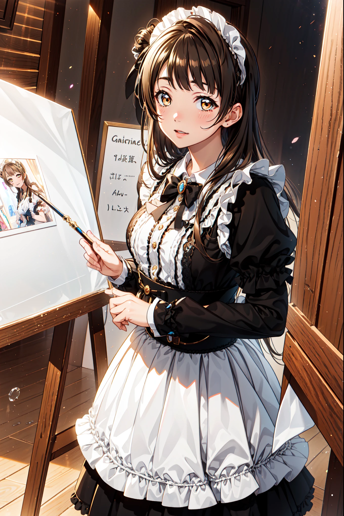 Minami Kotori,High-resolution masterpiece quality, Unity 8k wallpaper illustration, Golden Eyes,Brown hair,Fabric headdress, Rich facial details, Highly detailed CG, Glossy lips, Maid costume,Light makeup,Lace,charm,Hanfu,Reasonable human body