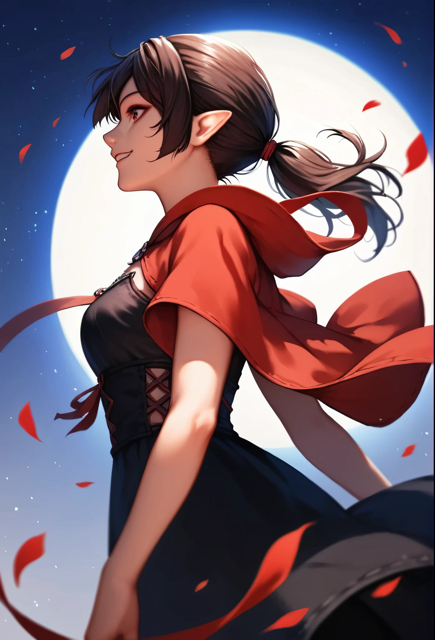 score_9, score_8_up, score_7_up, score_6_up, score_5_up, score_4_up, (SFW, rating_safe), source_anime, ((profile, cowboy shot, from below)), cute, 1woman, vampire girl, smiling, red eyes, beautiful eyes, dark hair, short ponytail, (red ribbons), pointy ears, short black dress, red cloak, flying, night background 