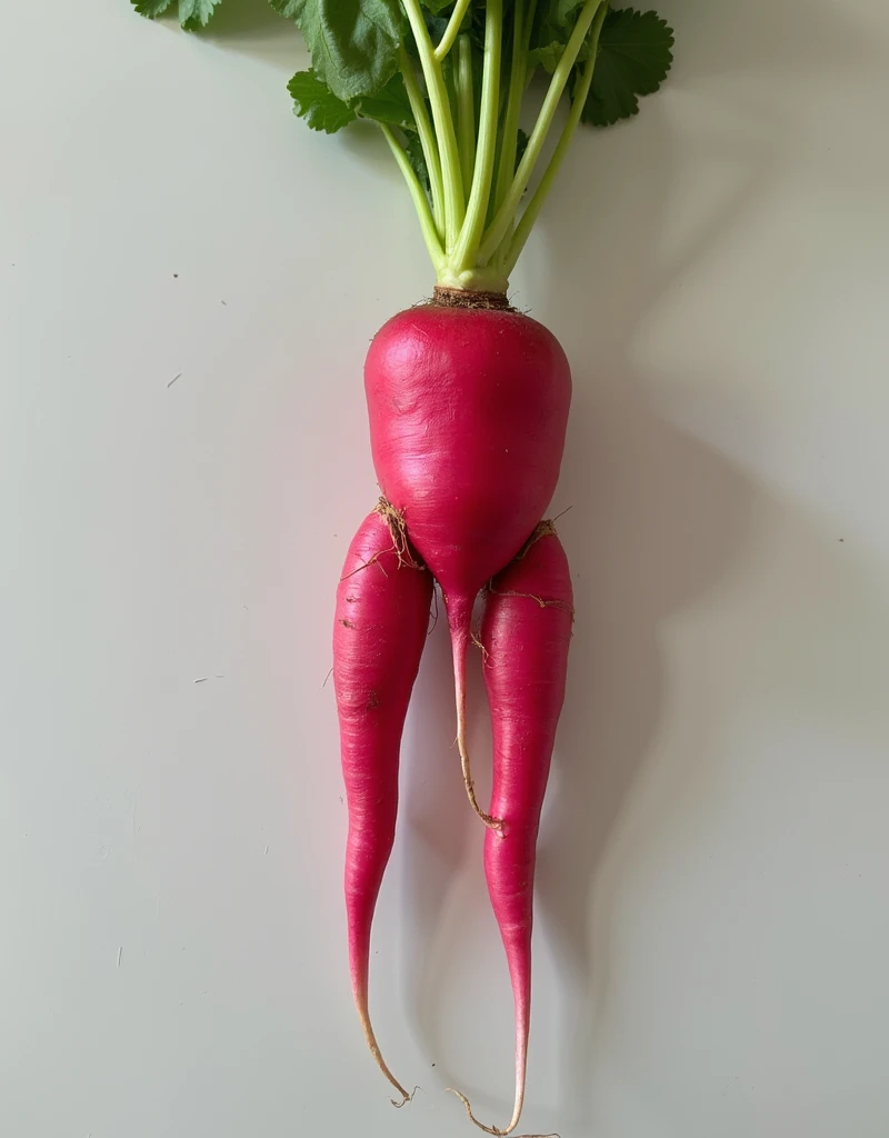 Funny images, funny shaped radishes, Radish with an interesting shape, a radish that looks like the lower half of a human male's body, a radish that looks like it has legs like the lower half of a human body, a radish that is split in two halfway through, a radish that has a protrusion at the base like the lower half of a human male's body.