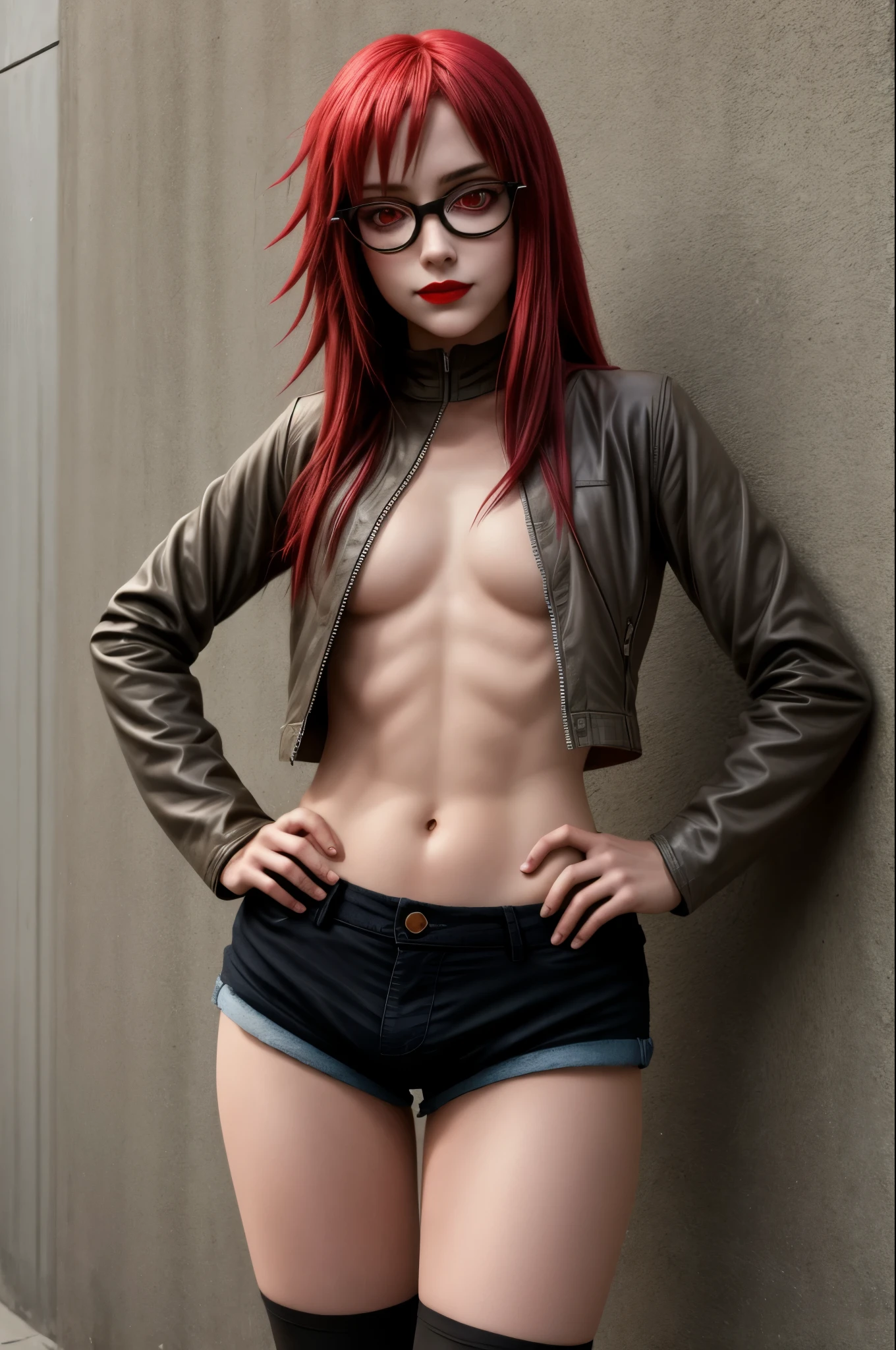 masterpiece, best quality, solo, 1girl, karinuzumaki, smirk, looking at viewer, Red eyes, red glasses, Red lipstick, hand on hip, glasses, short cowgirl jacket, long sleeves, shorts jrans, thighhighs