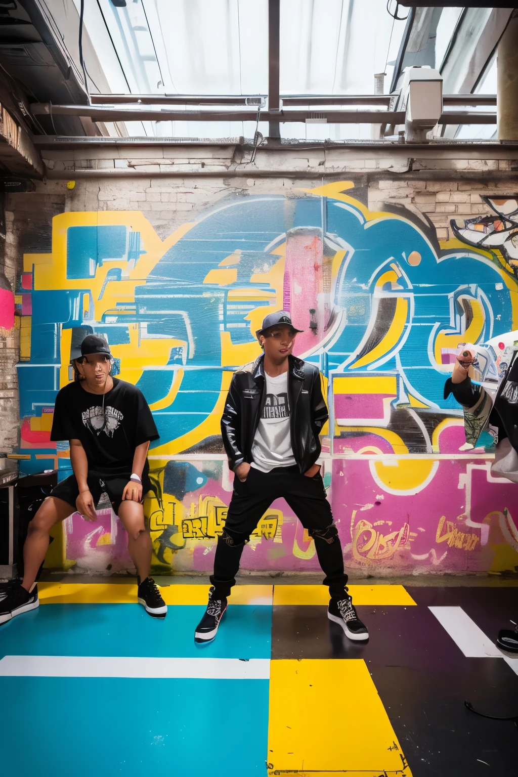 Create a vibrant and dynamic illustration of the Rapid 99 team from Jet Set Radio in a contemporary street art style. Imagine Beat, Gum, and the other members of Rapid 99 in energetic poses, surrounded by colorful graffiti and urban elements. Capture their personalities and camaraderie in your artwork, emphasizing the street art aesthetic with bold lines, vivid colors, and expressive gestures. Let their personalities shine through while infusing the artwork with the spirit of rebelliousness and creativity. Focus on creating a visually striking composition that pays homage to the original characters while giving them a fresh, modern twist in the world of street art.