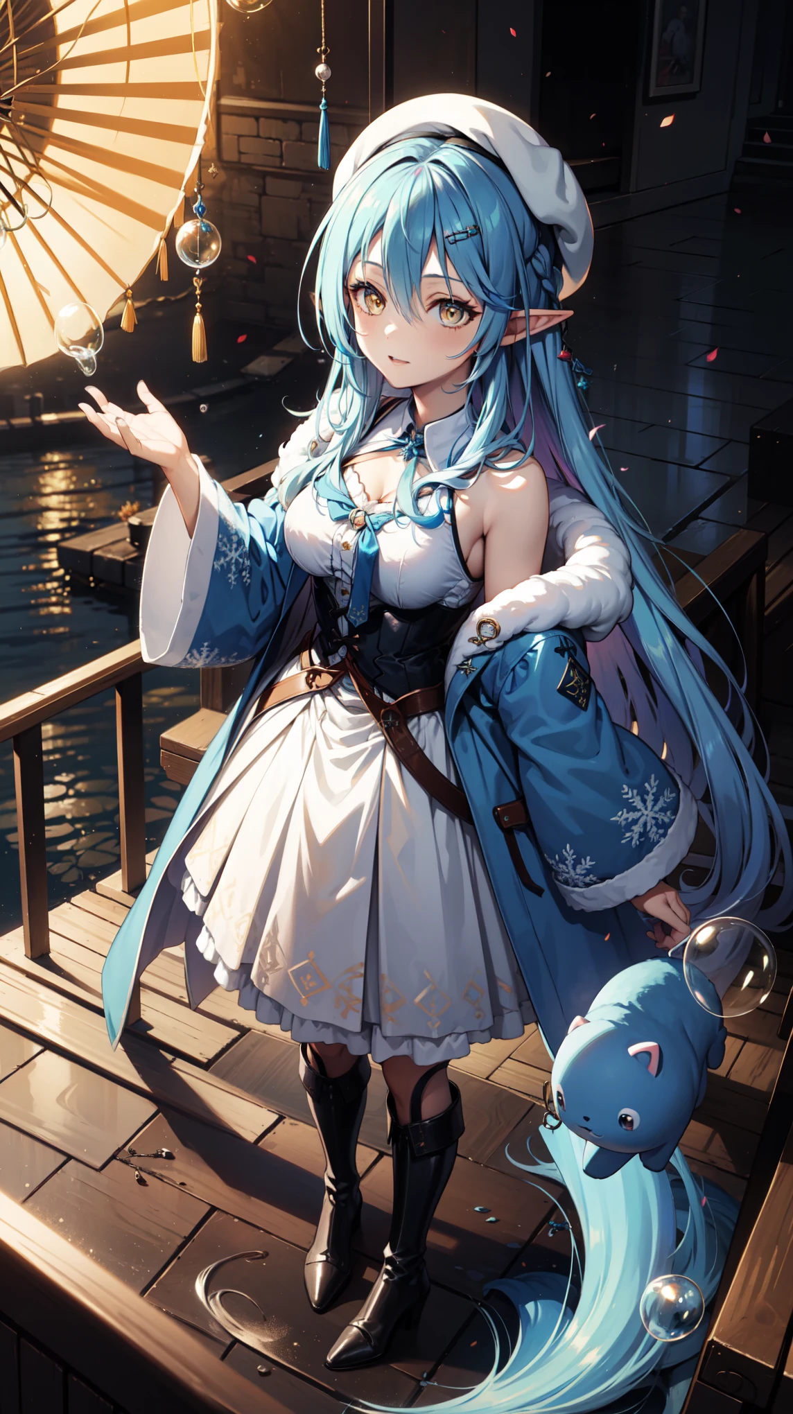 Anime Girl, Fantasy illustration, Flowing hair,Transparent Clothes,College Clothing,Beautiful young elf, Dark blue hair,中Long hair,Special hairstyle,Shiny Shiny,in love,Hair Ring,Happy,Beautiful fantasy anime, 闪亮Flowing hair, Ethereal Anime, Beautiful anime artwork, 1 Girl, Solitary, Snowflake Rummy, student,Beret,Blue military coat,Suspender boots,Garter stockings,in love,happy,Long hair, Hair between eyes, Ferris Wheel,Dreamy bubbles,Elegant posing