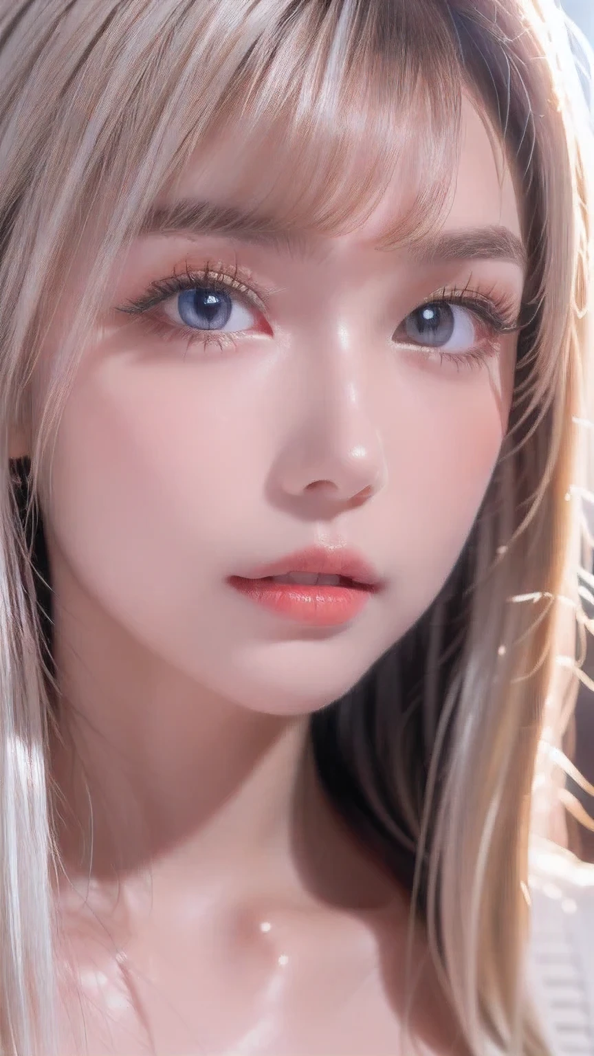A very beautiful white girl、Original photo、(((Extreme beauty portrait)))、((Glowing, incredibly white, beautiful young skin))、1 girl、Cute beautiful  faced  girl from Prague、((Shiny bright metallic platinum blonde hair))、Super long straight silky hair、Hair hanging down in front of the face、[Her incredibly bright light blue eyes with a whitish tint are attractive.,]、Silky long hair、Eyeliner、Beautiful Bangs、Hair between the eyes、Fluttering Hair、Laughter、((masterpiece、最high quality、Ultra-detailed、Film Light、Intricate details、High resolution、8k、Very detailed))、Detailed Background、8K UHD、Digital SLR camera、Soft Light、high quality、Film Grain、Fuji XT3 、Shallow depth of field、Natural soft light、（Perfect hands）、Perfect beautiful face、Round face、Small Face Beauty、Bangs between the eyes
