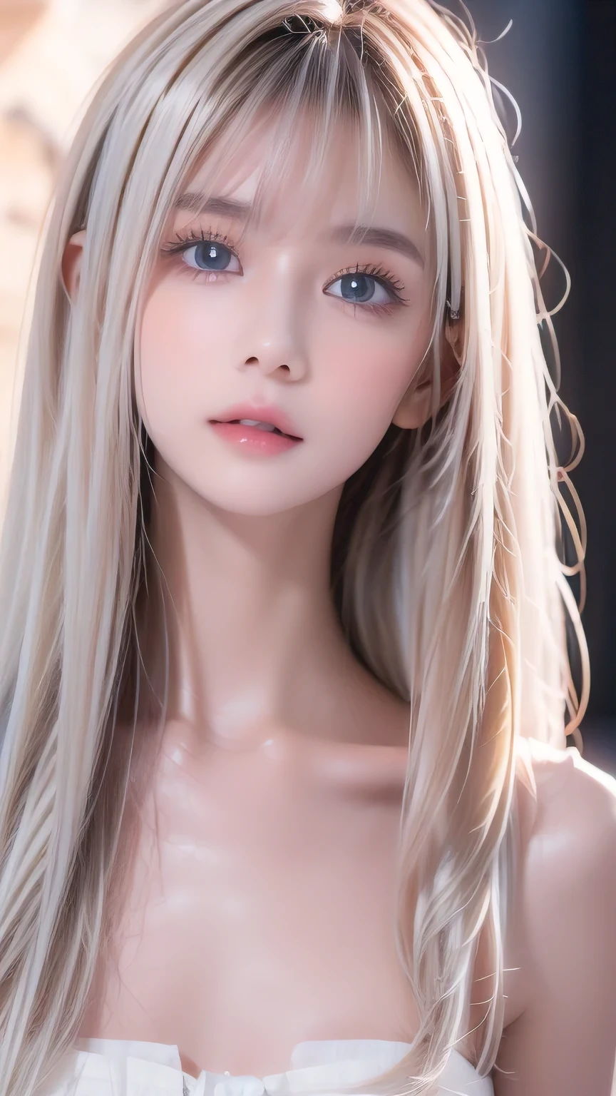 A very beautiful white girl、Original photo、(((Extreme beauty portrait)))、((Glowing, incredibly white, beautiful young skin))、1 girl、Cute beautiful  faced  girl from Prague、((Shiny bright metallic platinum blonde hair))、Super long straight silky hair、Hair hanging down in front of the face、[Her incredibly bright light blue eyes with a whitish tint are attractive.,]、Silky long hair、Eyeliner、Beautiful Bangs、Hair between the eyes、Fluttering Hair、Laughter、((masterpiece、最high quality、Ultra-detailed、Film Light、Intricate details、High resolution、8k、Very detailed))、Detailed Background、8K UHD、Digital SLR camera、Soft Light、high quality、Film Grain、Fuji XT3 、Shallow depth of field、Natural soft light、（Perfect hands）、Perfect beautiful face、Round face、Small Face Beauty、Bangs between the eyes