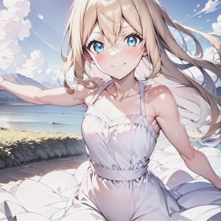 blonde hair and blue eyes, white one-piece dress, solo